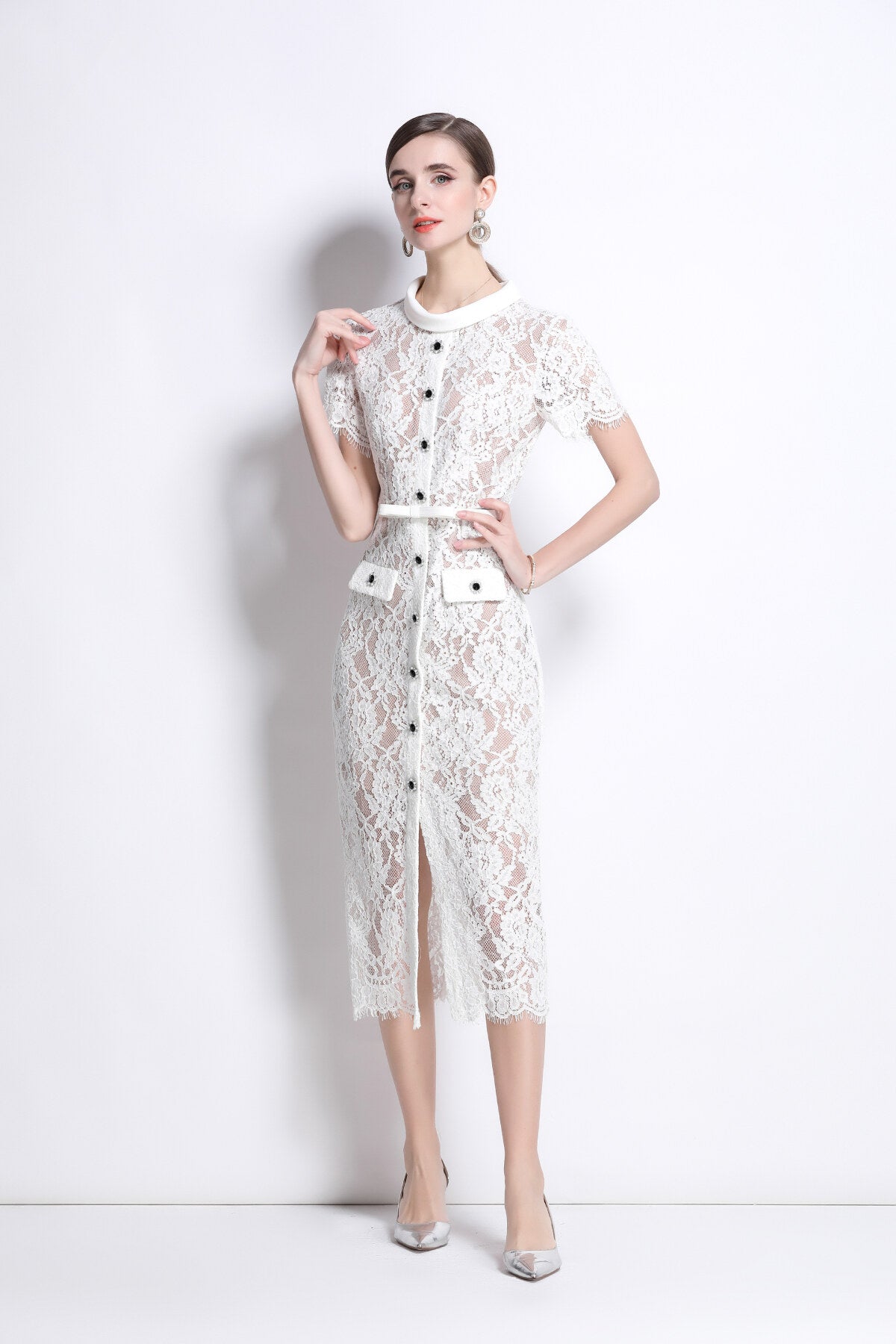 blanca slim fit round neck button down lace dress all white 2.JPG