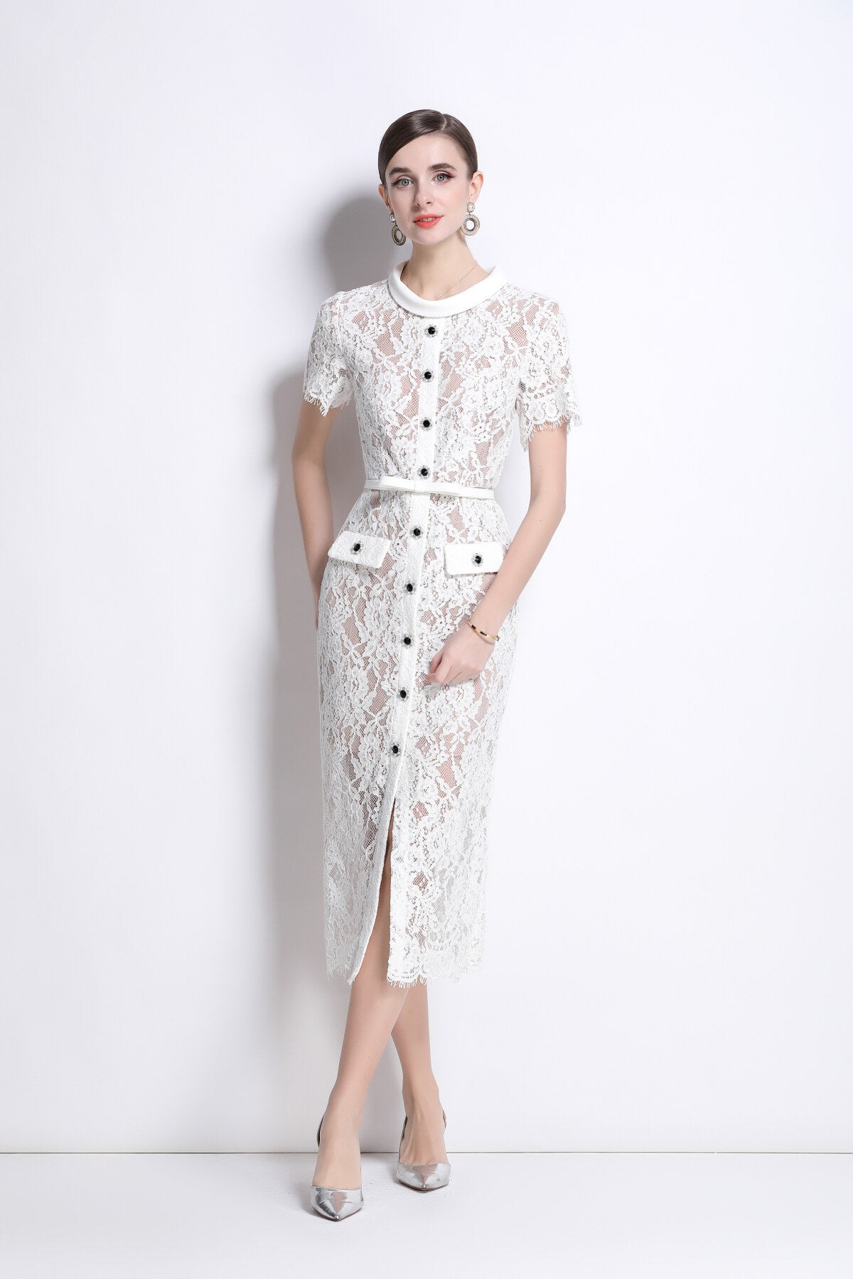 blanca slim fit round neck button down lace dress all white 3.JPG
