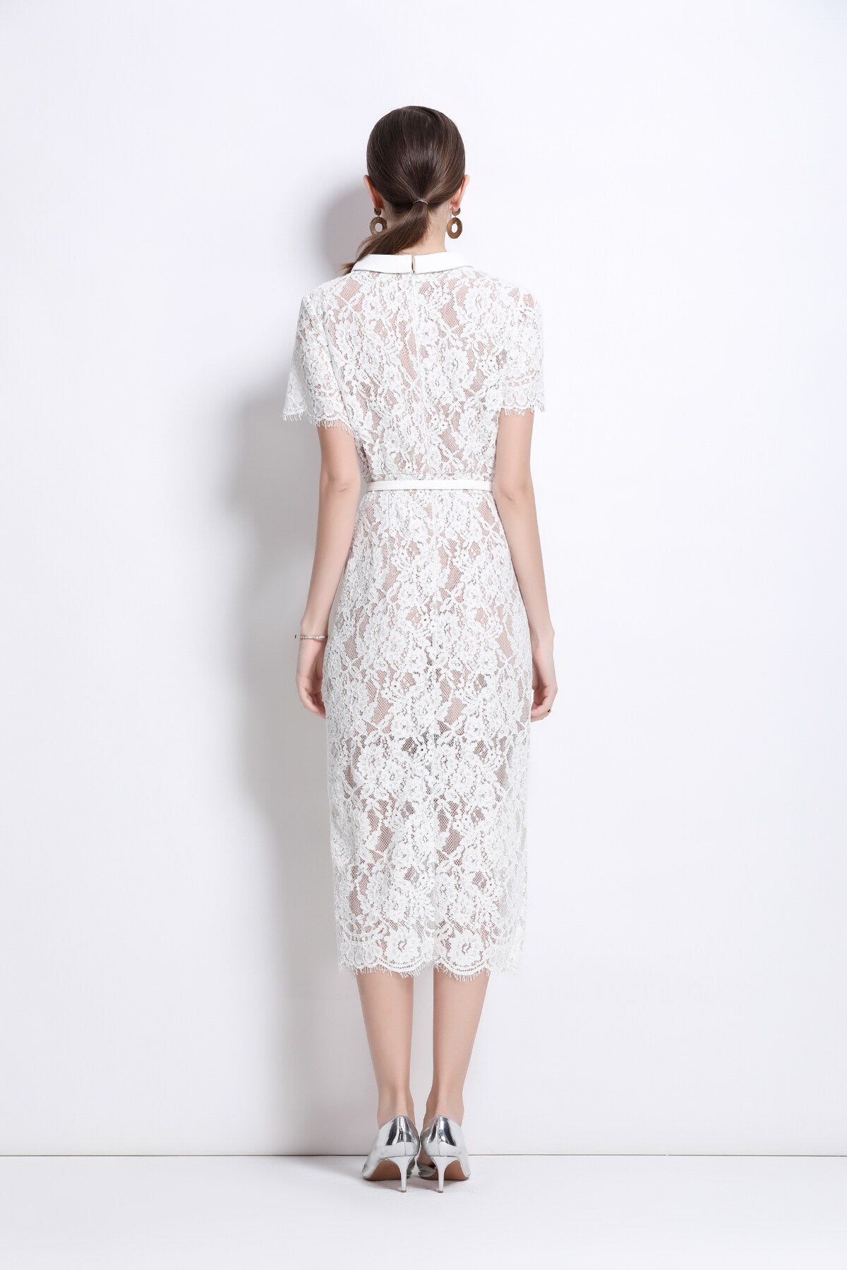 blanca slim fit round neck button down lace dress all white 4.JPG