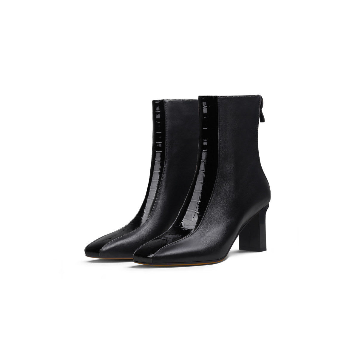 block heel patchwork leather ankle boots all black 2