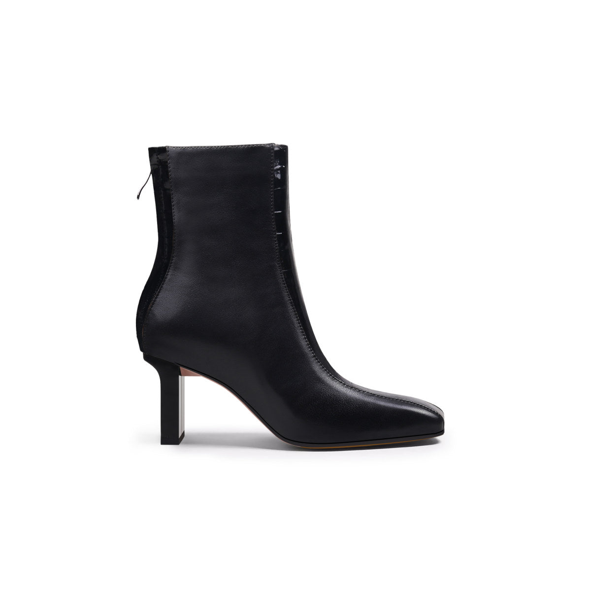 block heel patchwork leather ankle boots all black 3