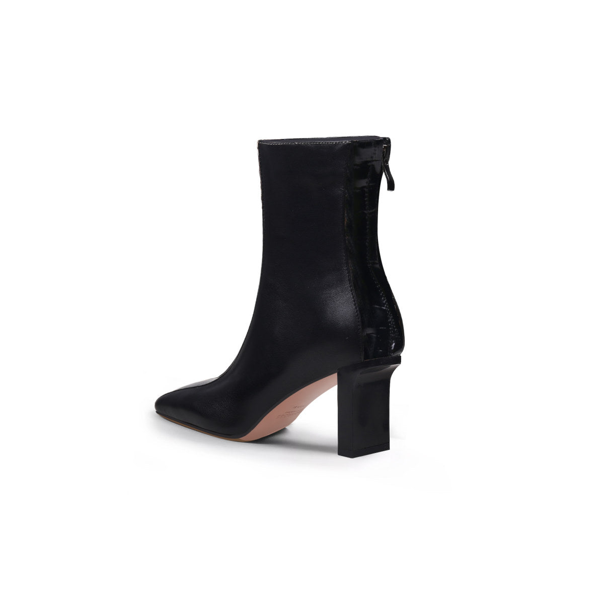 block heel patchwork leather ankle boots all black 4