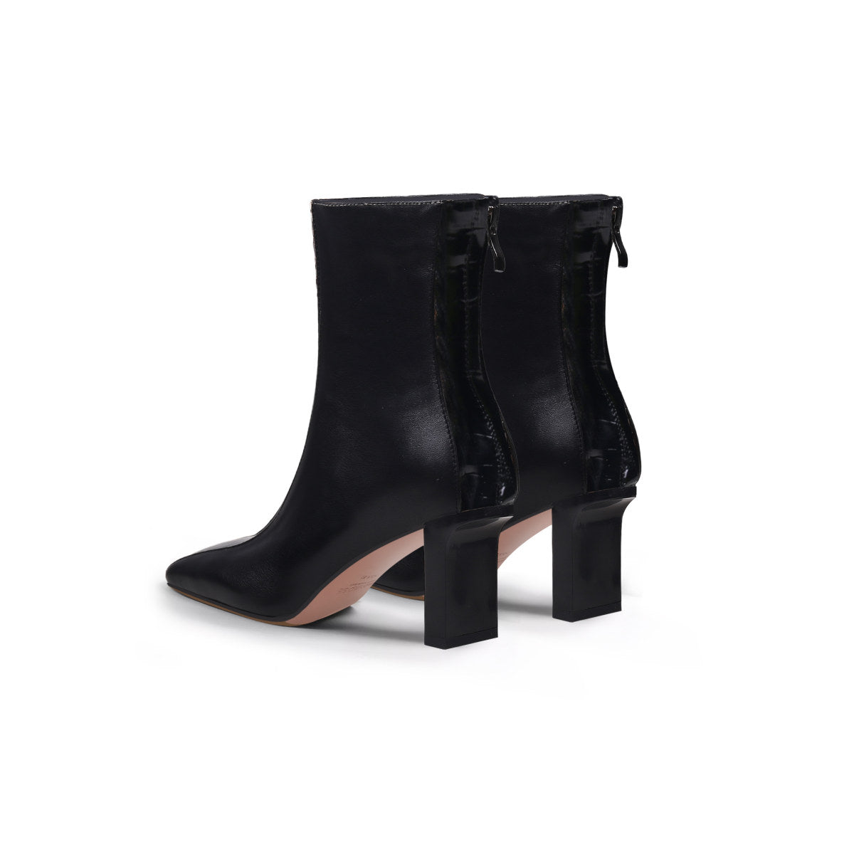 block heel patchwork leather ankle boots all black 5