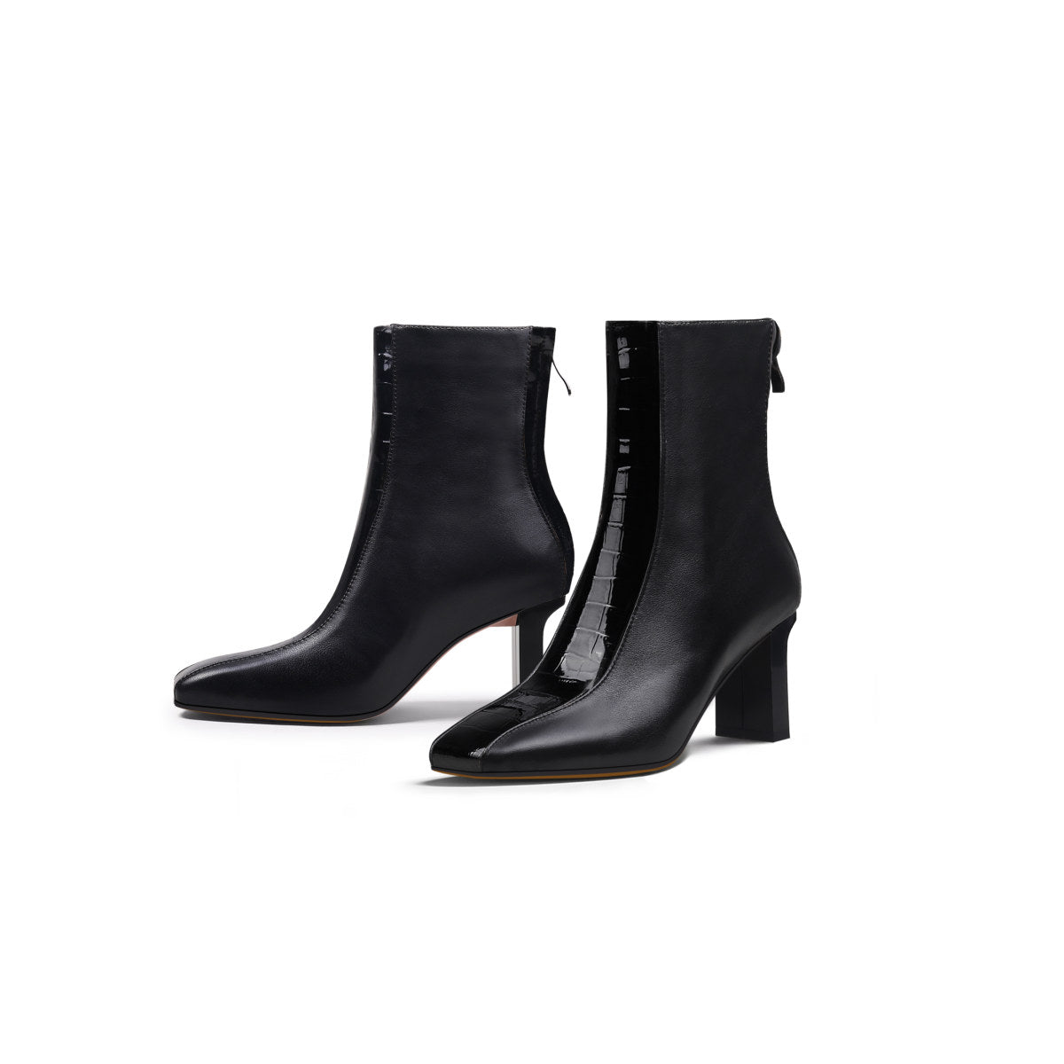 block heel patchwork leather ankle boots all black 6