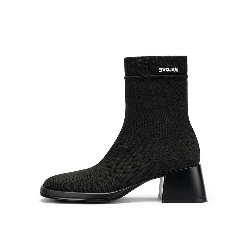 block heel stretch knit boots all black 1