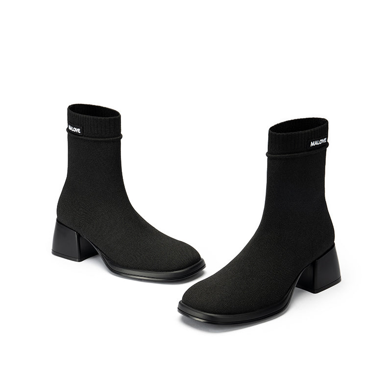 block heel stretch knit boots all black 2
