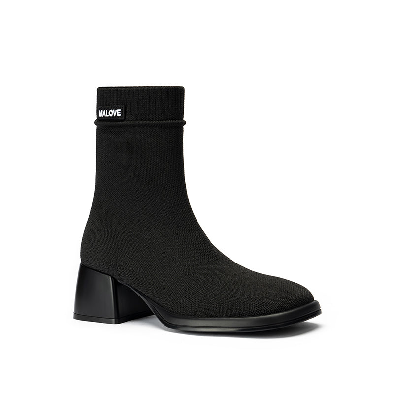 block heel stretch knit boots all black 4