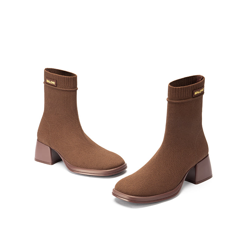 block heel stretch knit boots all brown 2