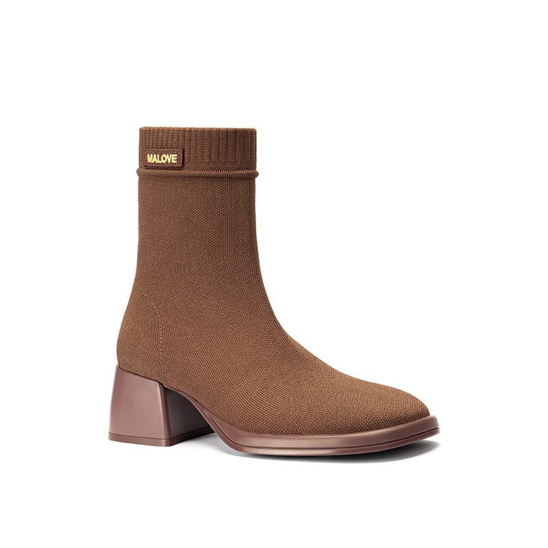 block heel stretch knit boots all brown 3