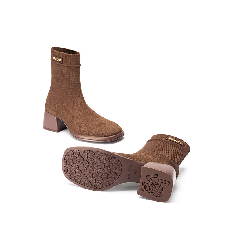 block heel stretch knit boots all brown 4