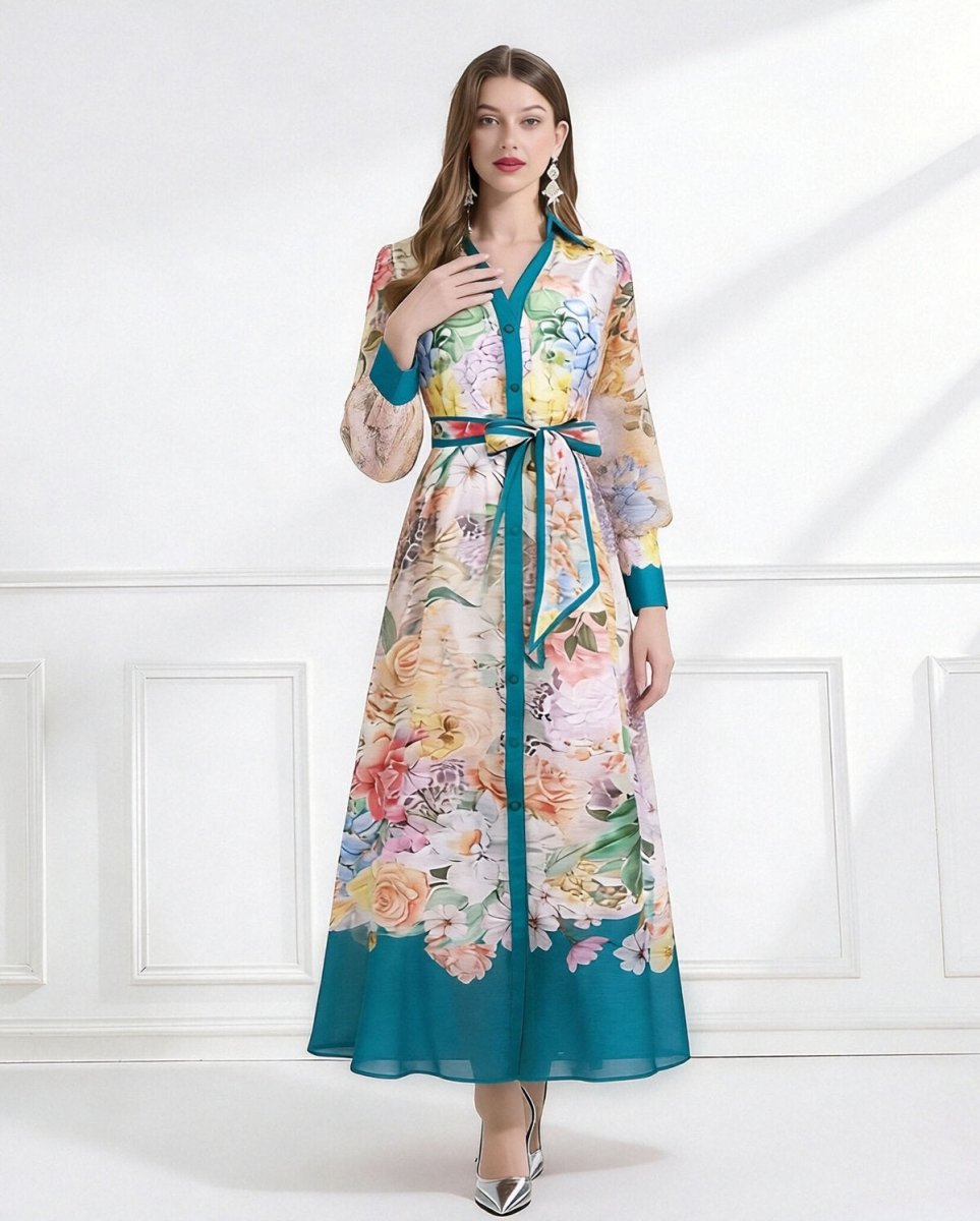 Bloom Elegance Printed Chiffon Maxi Shirt Dress