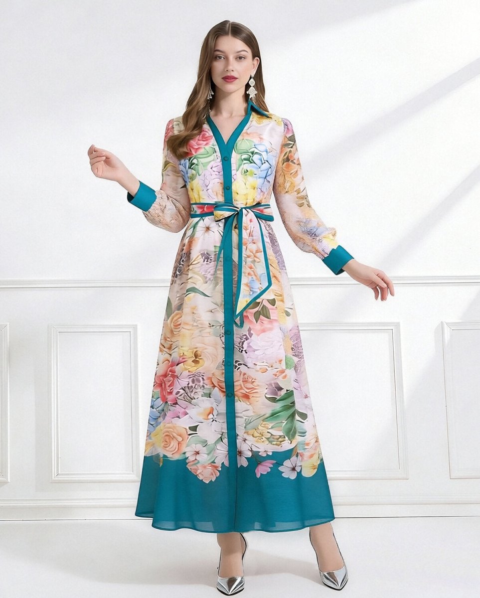 Bloom Elegance Printed Chiffon Maxi Shirt Dress