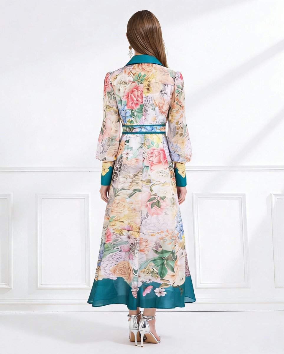 Bloom Elegance Printed Chiffon Maxi Shirt Dress