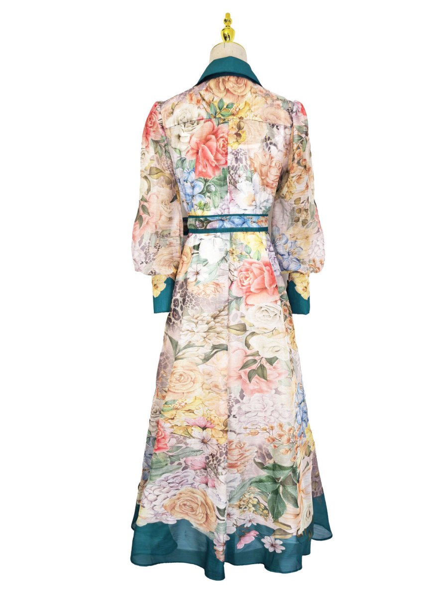 Bloom Elegance Printed Chiffon Maxi Shirt Dress