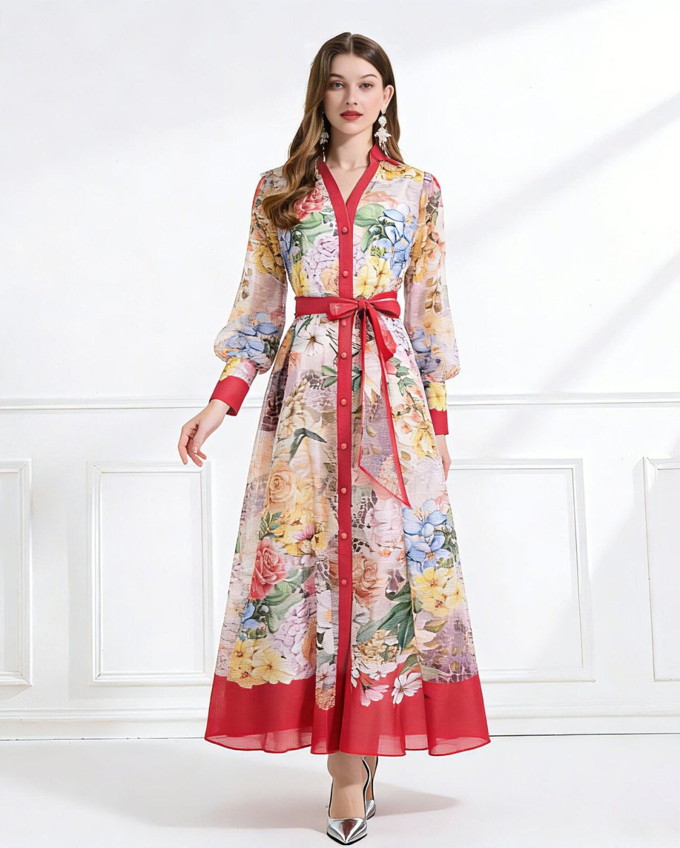 Bloom Elegance Printed Chiffon Maxi Shirt Dress