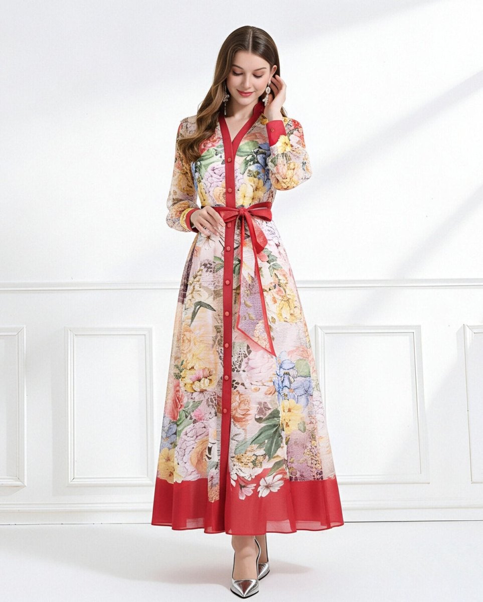 Bloom Elegance Printed Chiffon Maxi Shirt Dress