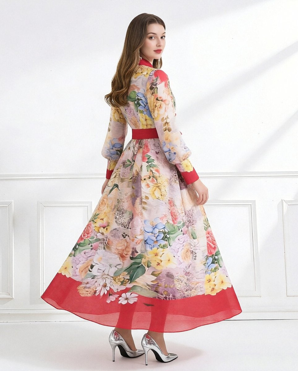 Bloom Elegance Printed Chiffon Maxi Shirt Dress