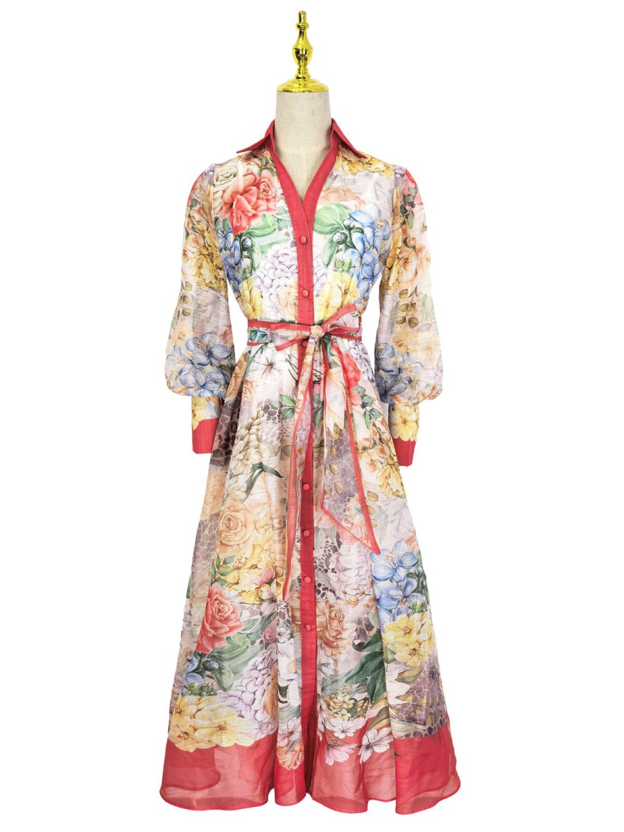 Bloom Elegance Printed Chiffon Maxi Shirt Dress