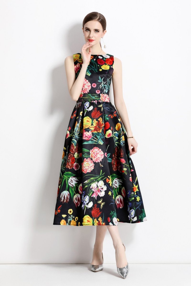 blooming garden sleeveless pleated a line tea dress all black 1