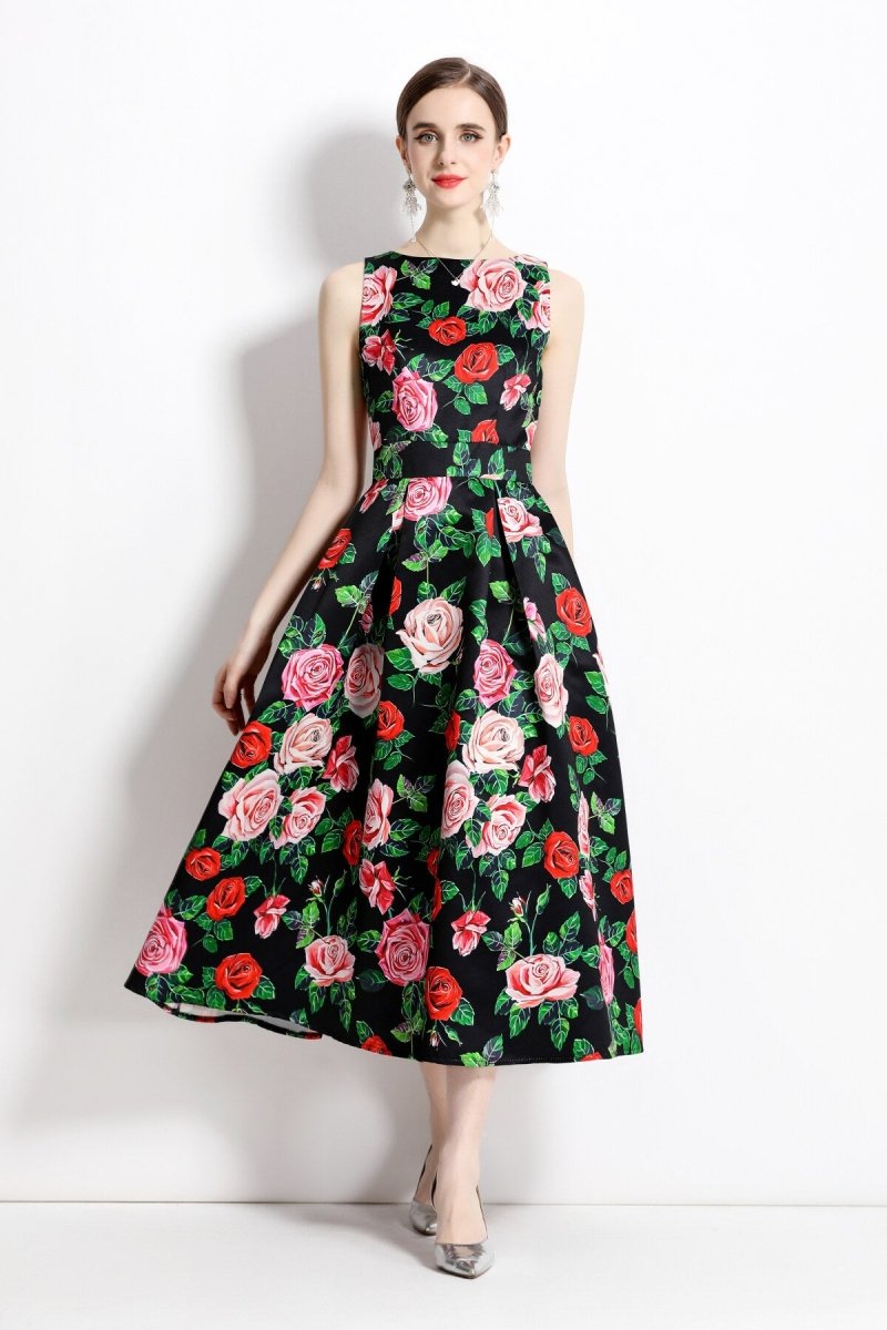 blooming garden sleeveless pleated a line tea dress all green 1
