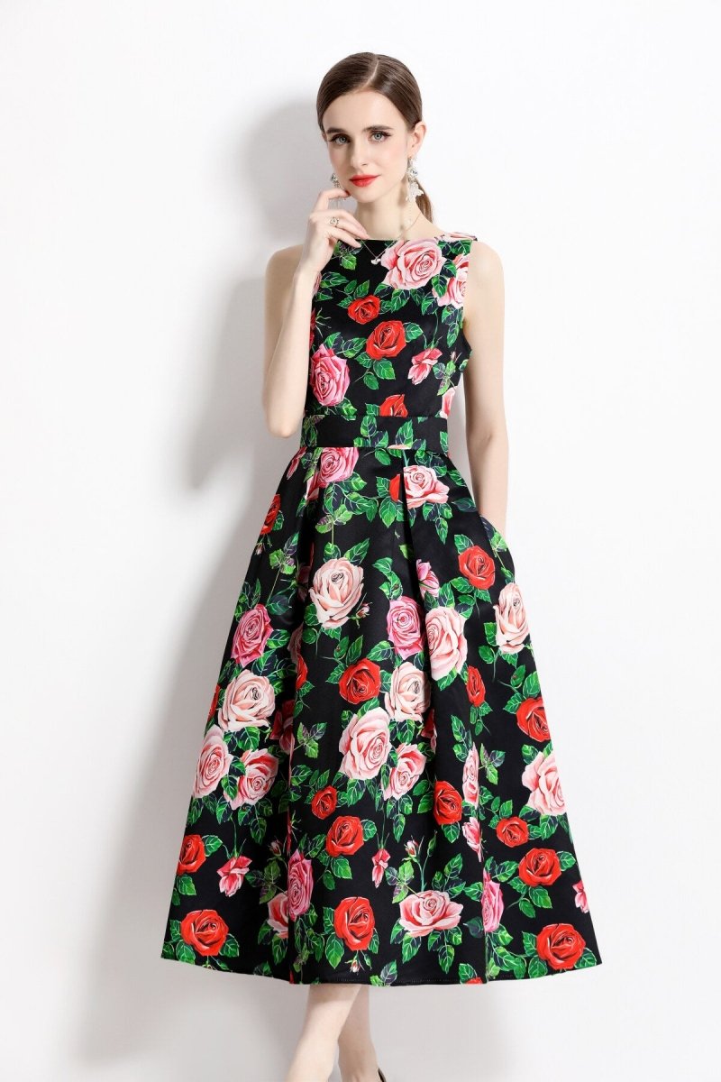 blooming garden sleeveless pleated a line tea dress all green 2