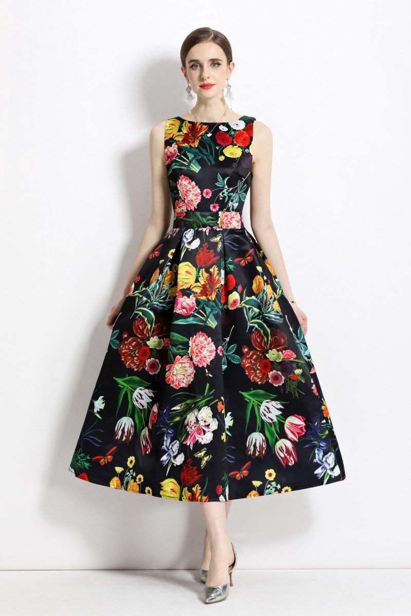 blooming garden sleeveless pleated a line tea dress all black 3