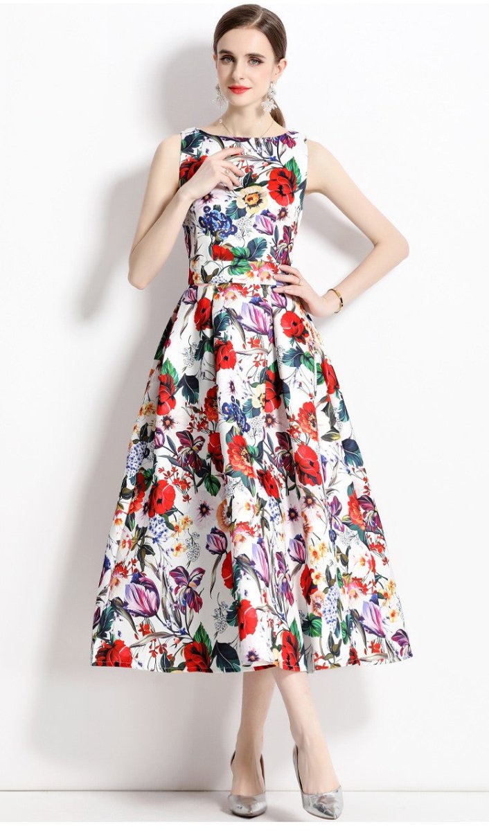blooming garden sleeveless pleated a line tea dress all white 1