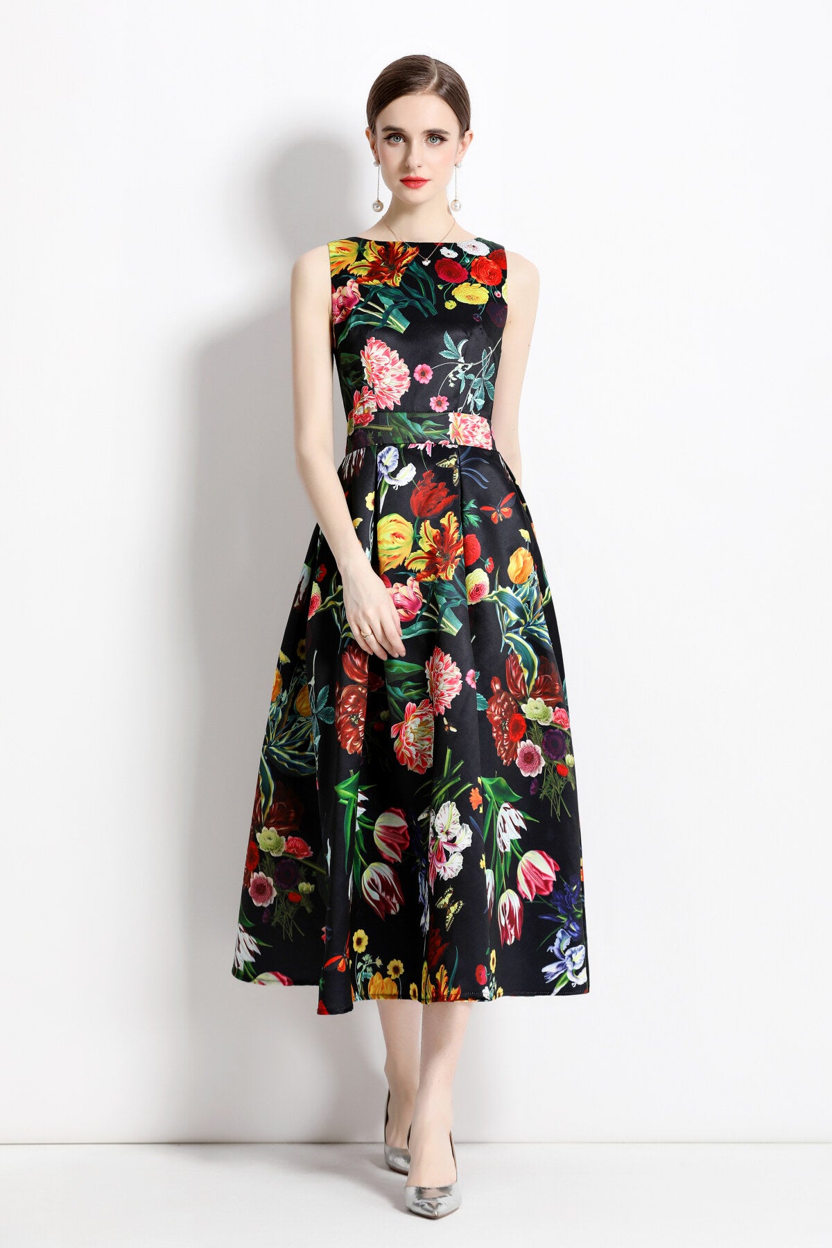 blooming garden sleeveless pleated a line tea dress all black 2
