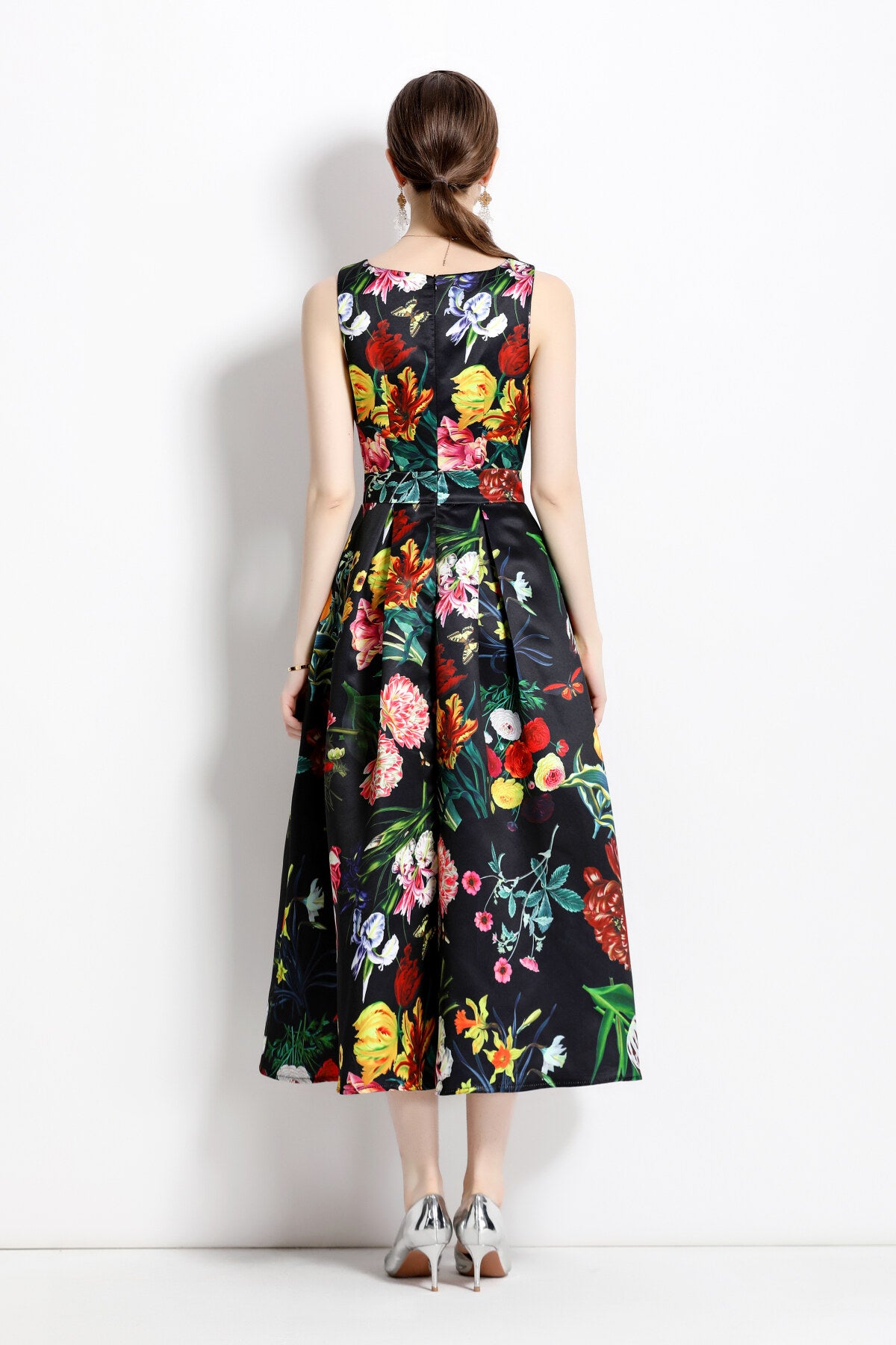 blooming garden sleeveless pleated a line tea dress all black 4