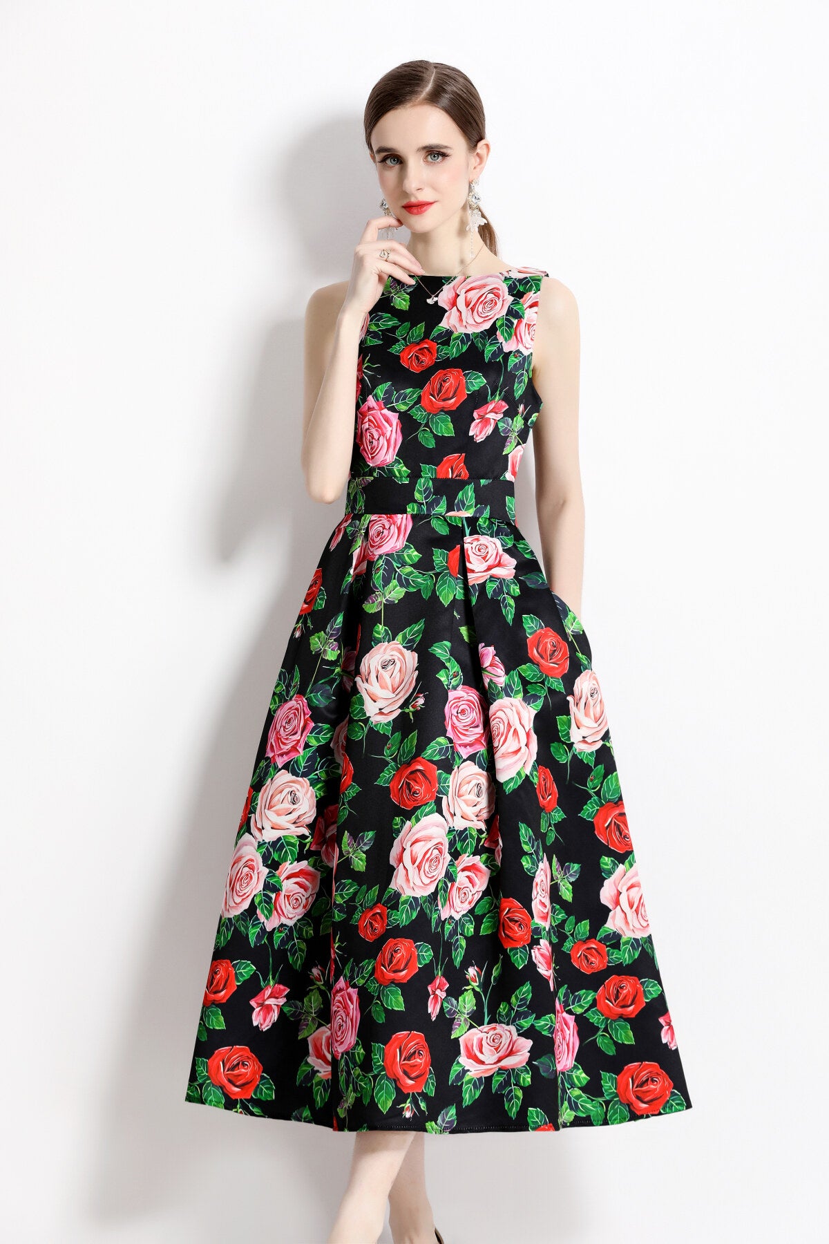 blooming garden sleeveless pleated a line tea dress all green 2