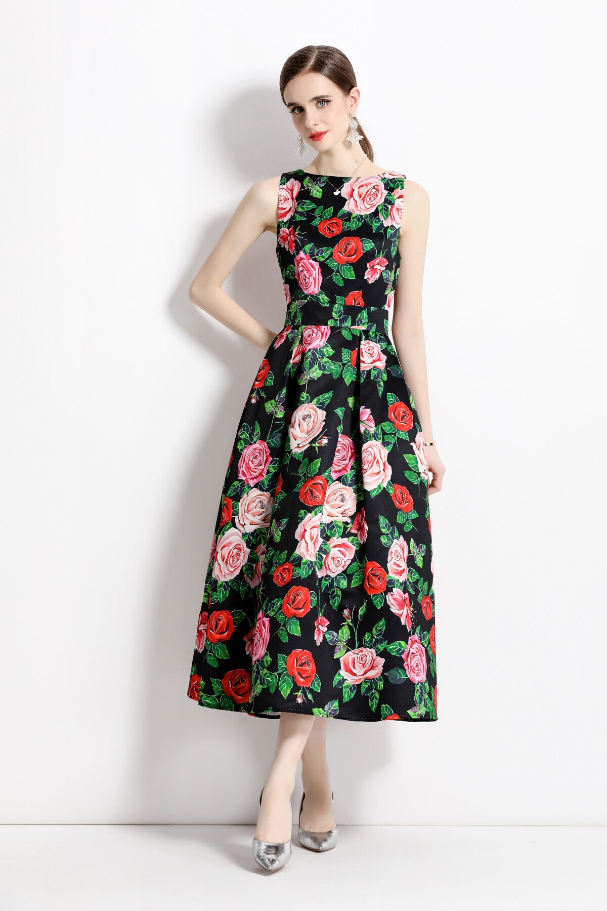 blooming garden sleeveless pleated a line tea dress all green 3