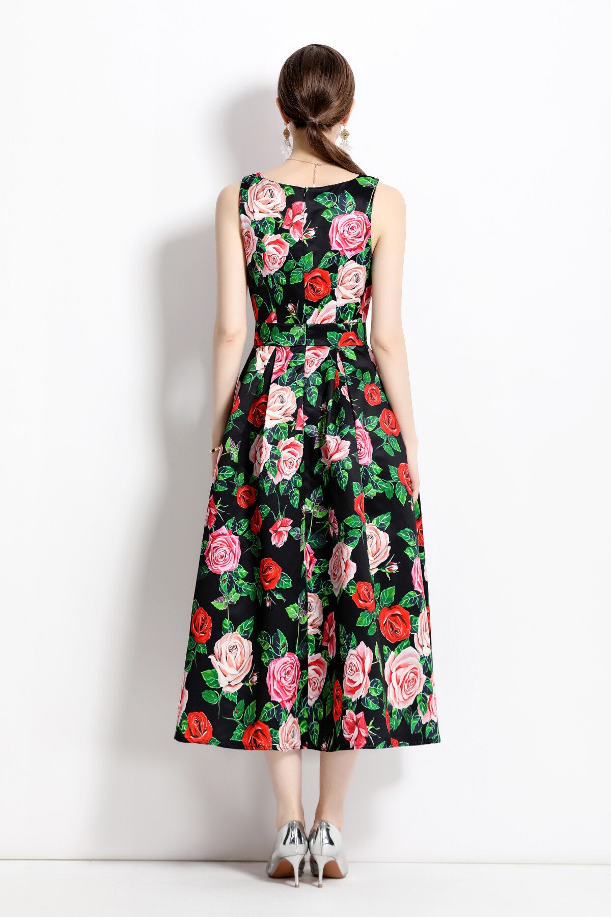 blooming garden sleeveless pleated a line tea dress all green 4
