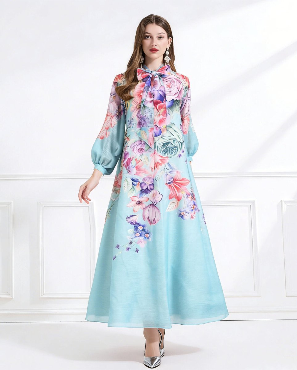 Blossom Grace Bow Neck Floral Chiffon Maxi Dress
