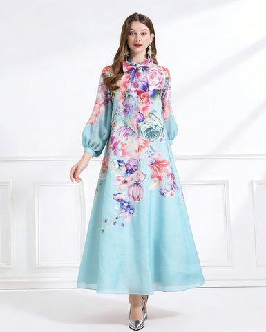 Blossom Grace Bow Neck Floral Chiffon Maxi Dress