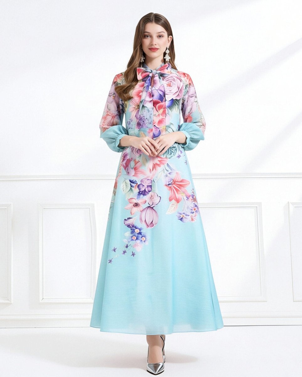 Blossom Grace Bow Neck Floral Chiffon Maxi Dress