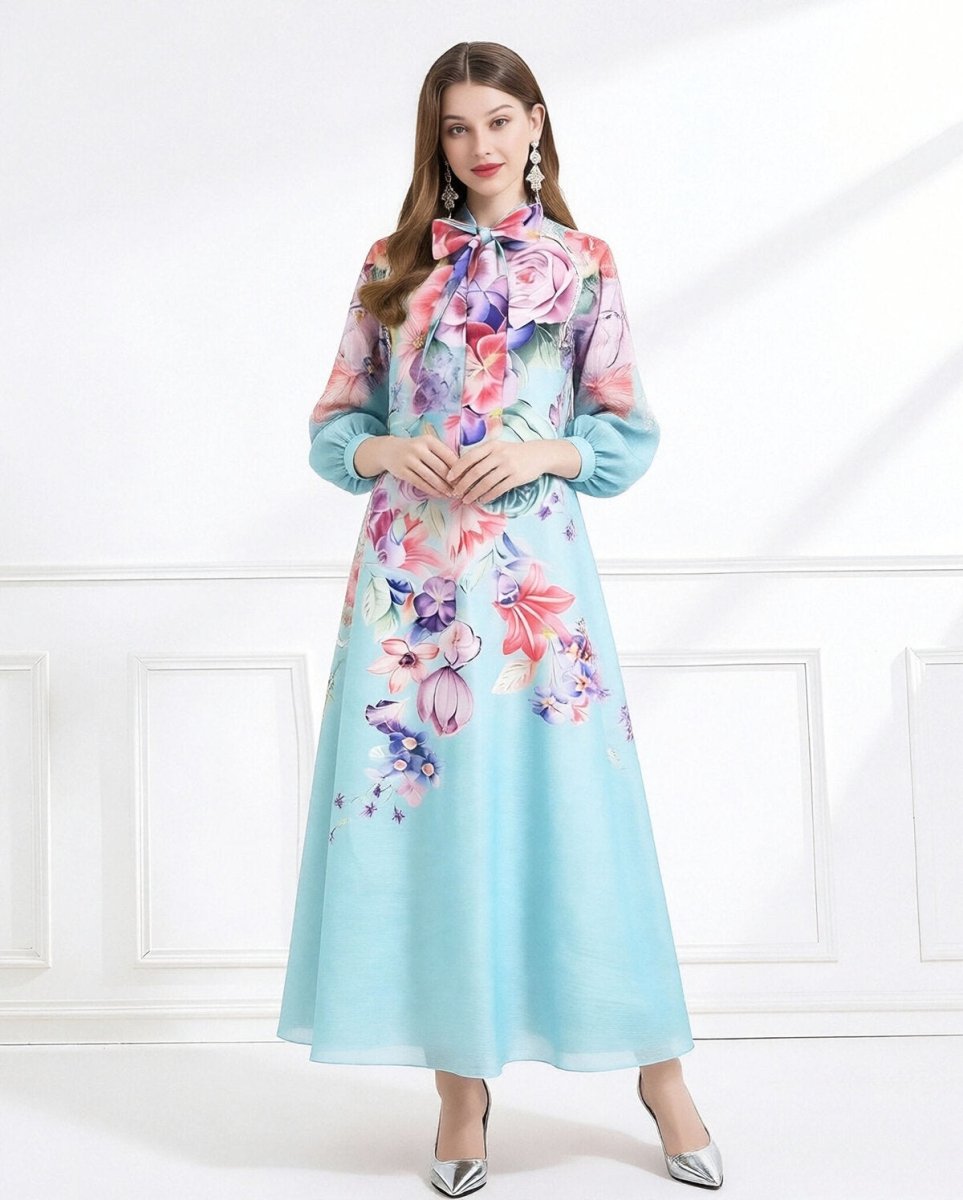 Blossom Grace Bow Neck Floral Chiffon Maxi Dress