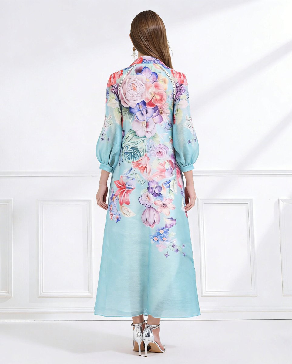 Blossom Grace Bow Neck Floral Chiffon Maxi Dress