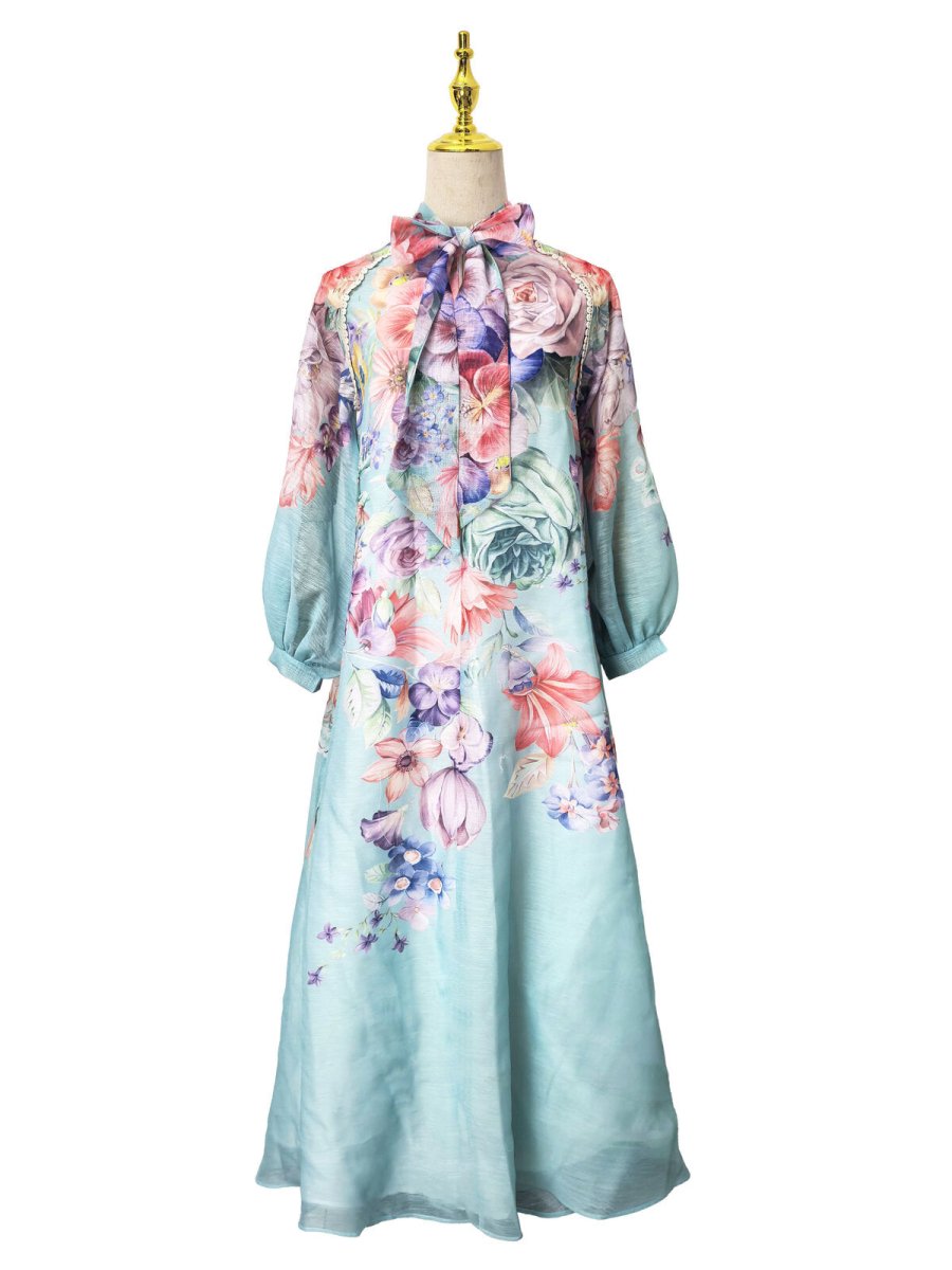 Blossom Grace Bow Neck Floral Chiffon Maxi Dress
