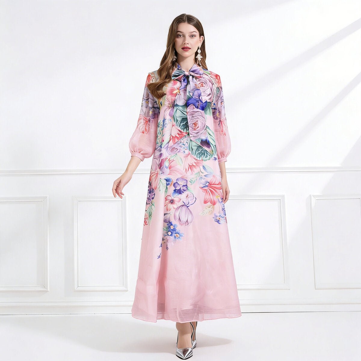 Blossom Grace Bow Neck Floral Chiffon Maxi Dress