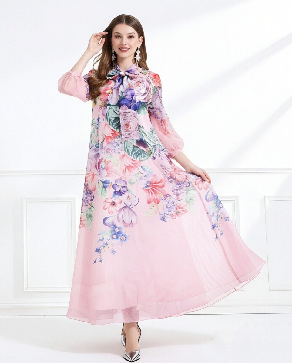 Blossom Grace Bow Neck Floral Chiffon Maxi Dress