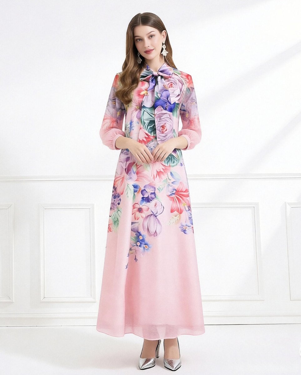 Blossom Grace Bow Neck Floral Chiffon Maxi Dress