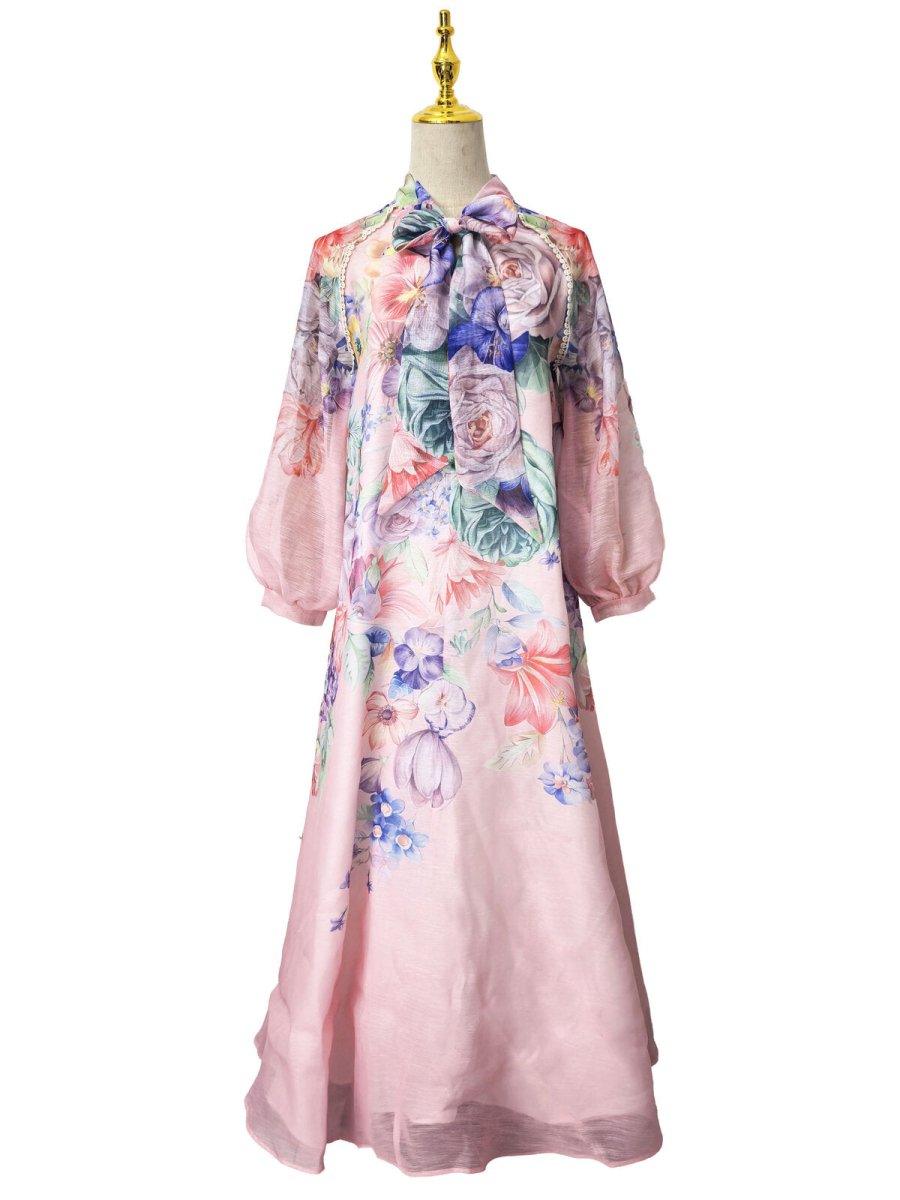 Blossom Grace Bow Neck Floral Chiffon Maxi Dress