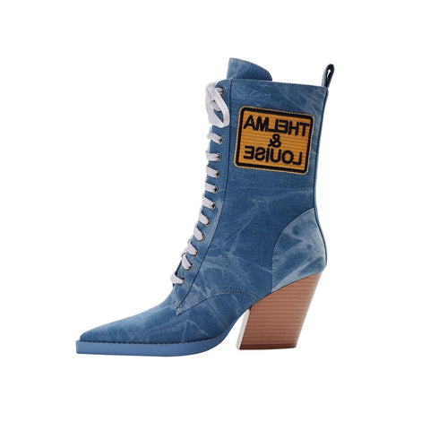 Blue Denim Lace Up Pointed Toe Boots
