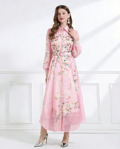 Blush Bloom Lace Trim Floral Chiffon Maxi Dress