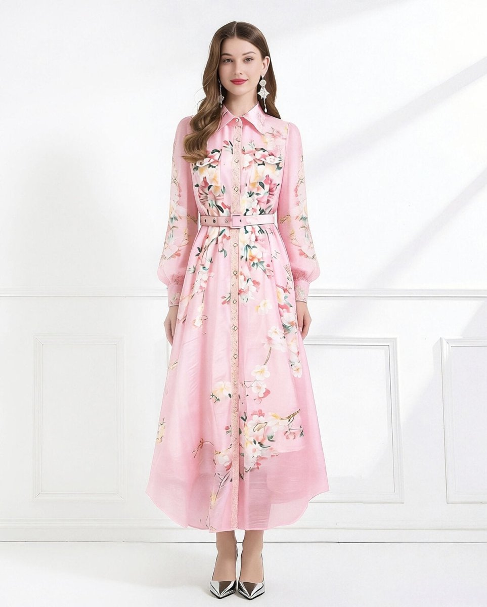 Blush Bloom Lace Trim Floral Chiffon Maxi Dress