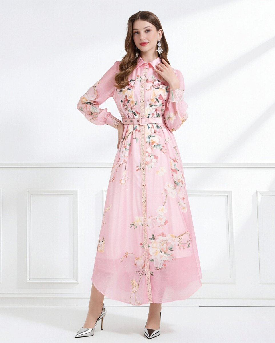 Blush Bloom Lace Trim Floral Chiffon Maxi Dress
