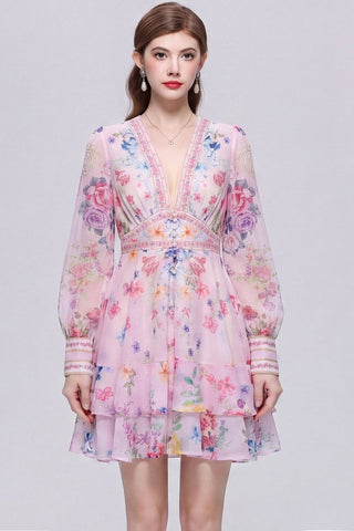 Blush Pink Floral Bouquet Mini Dress