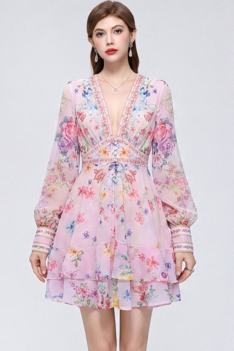 Blush Pink Floral Bouquet Mini Dress