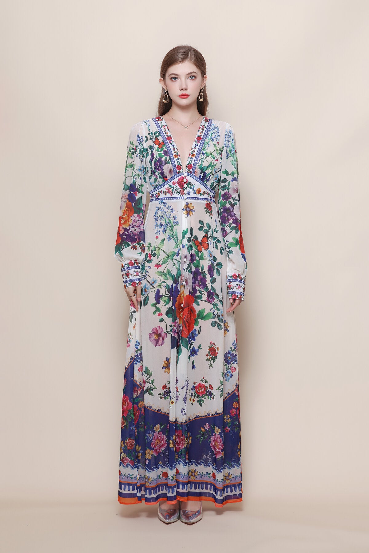 Botanical Border Print Maxi Dress with Deep V-Neck