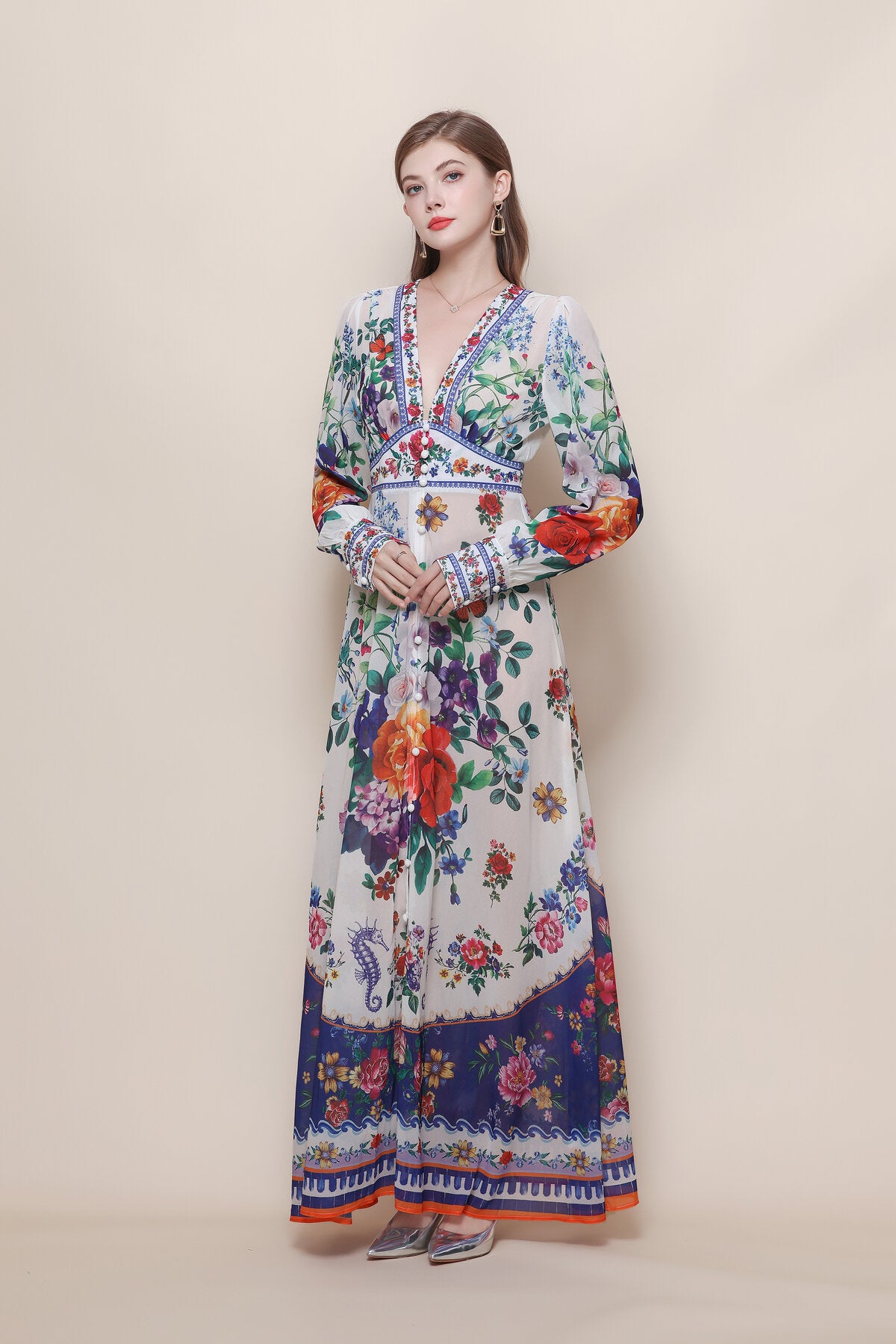 Botanical Border Print Maxi Dress with Deep V-Neck